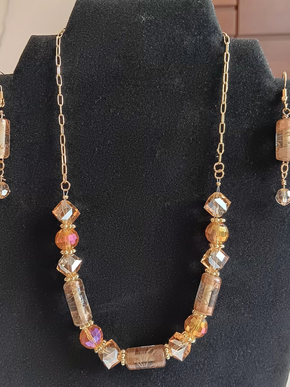 Gold-Tone Amber Swarovski Crystal Bead Necklace and Earring Set